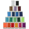 A stack of 150M multi-braided polyester fishing line spools in various colors including white, black, purple, green, blue, an