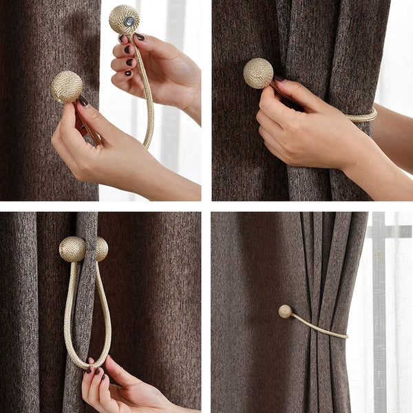 Close-up shots showing magnetic pearl ball curtain tiebacks being used to secure a dark brown fabric drape.