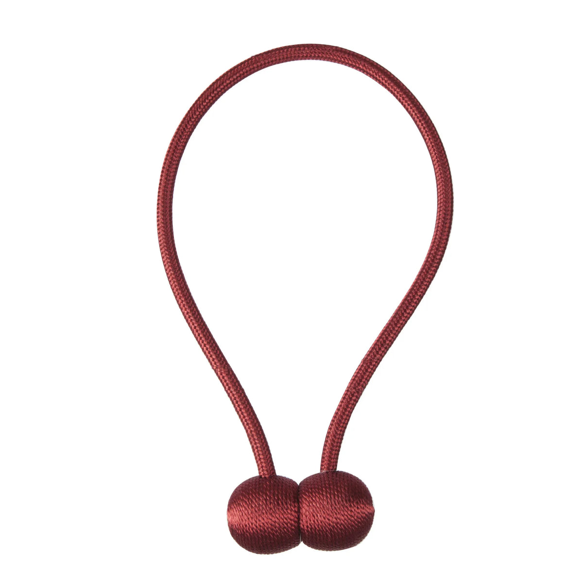A maroon magnetic pearl ball curtain tieback with a loop and a knotted tassel.