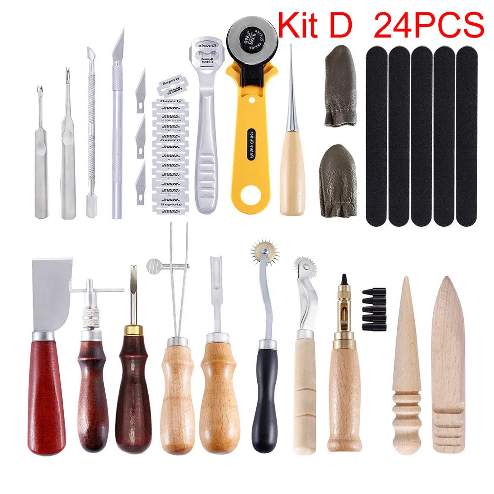 A collection of professional leather crafting tools including knives, punches, and various shaping tools.