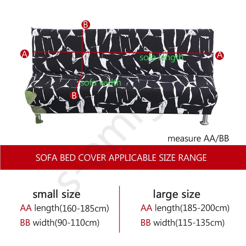 Black and white geometric print spandex slipcover for a sofa bed showing measurements AA/BB