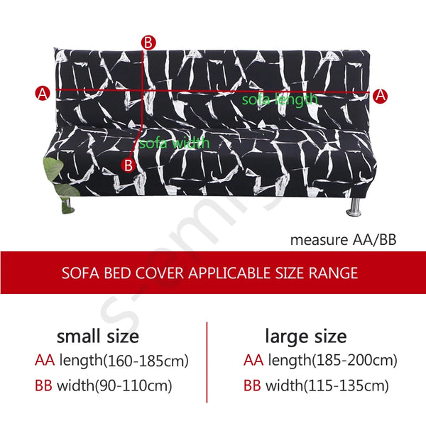 Black and white geometric print spandex slipcover for a sofa bed showing measurements AA/BB