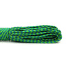 A coil of durable multi-color paracord rope with bright green and blue strands.