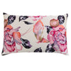 A square silk pillowcase featuring a floral print with pink, peach, and dark purple leaves.