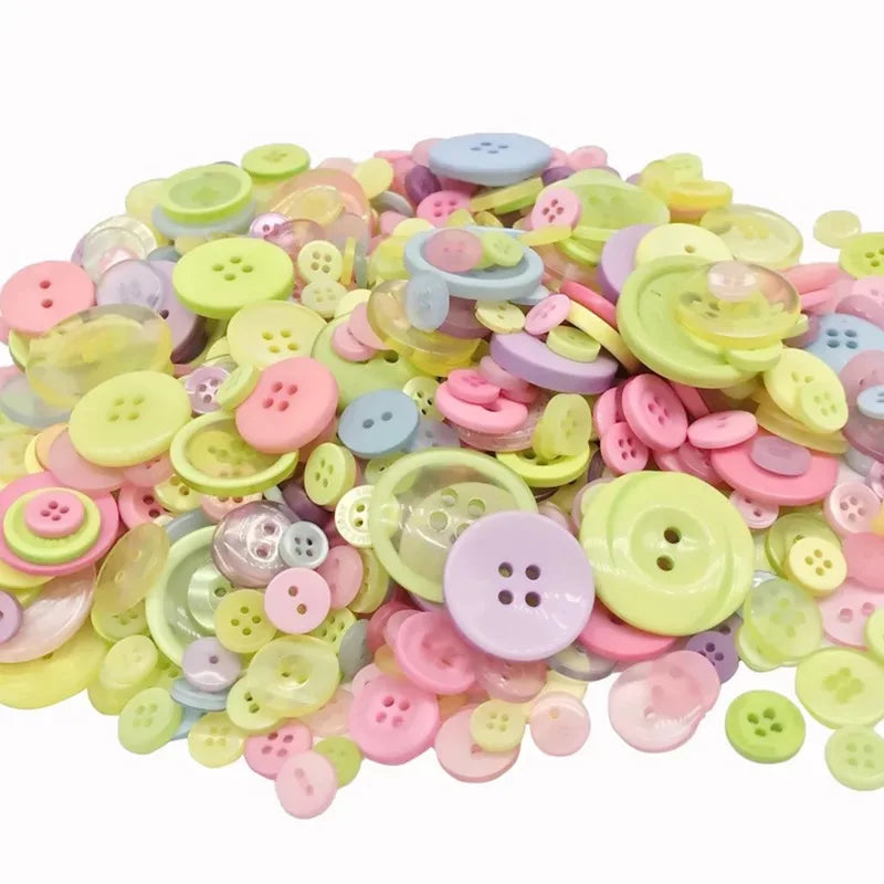 A pile of assorted colorful wooden buttons in various sizes for scrapbooking