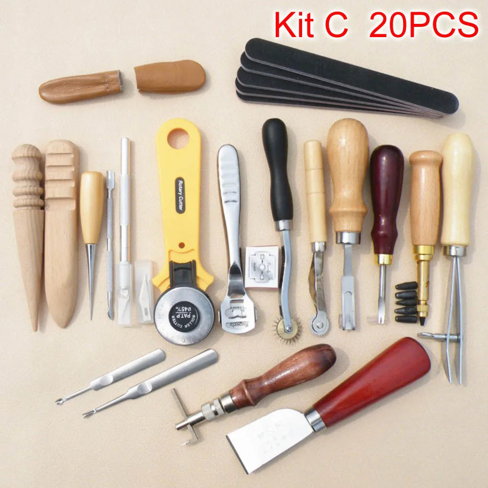 A kit of 20 pieces of leather crafting tools including various knives, tools, and shaping implements.