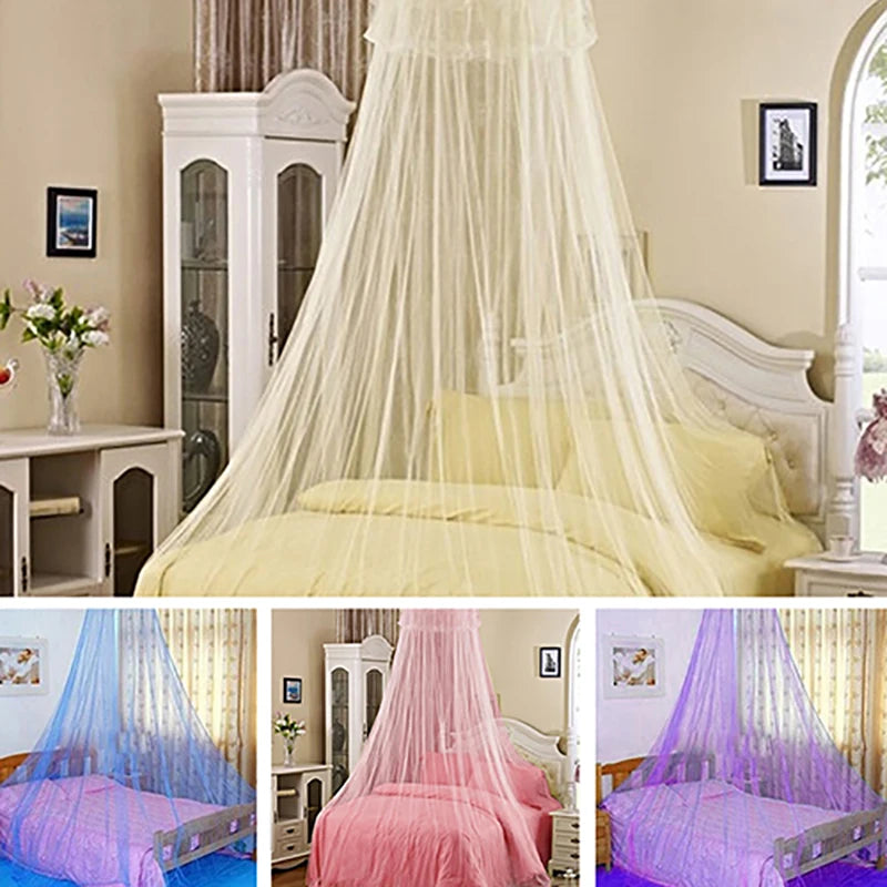 Elegant round mosquito net canopy with sheer fabric draped over a bed.