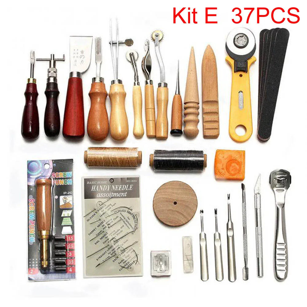 A kit of 37 pieces for professional leather crafting including tools and needles