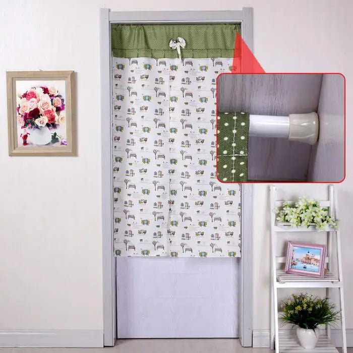 Adjustable metal curtain rod installed in a bathroom or wardrobe, featuring a patterned fabric curtain.