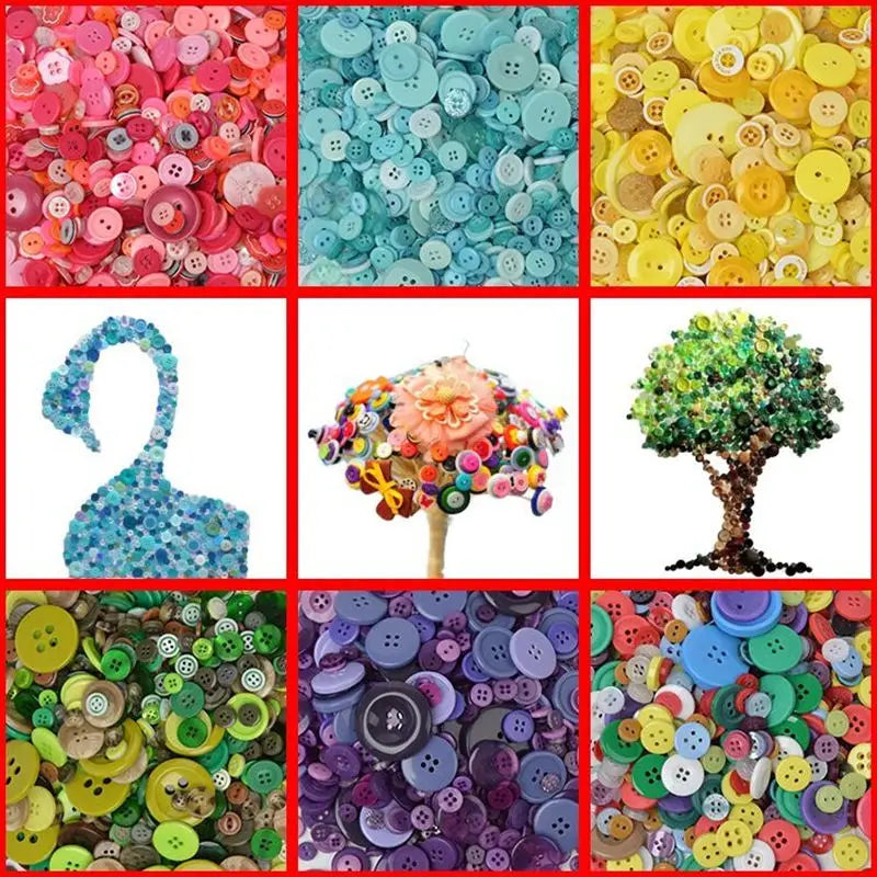 A collection of various sized wooden buttons in multiple colors including pink, blue, yellow, and green.