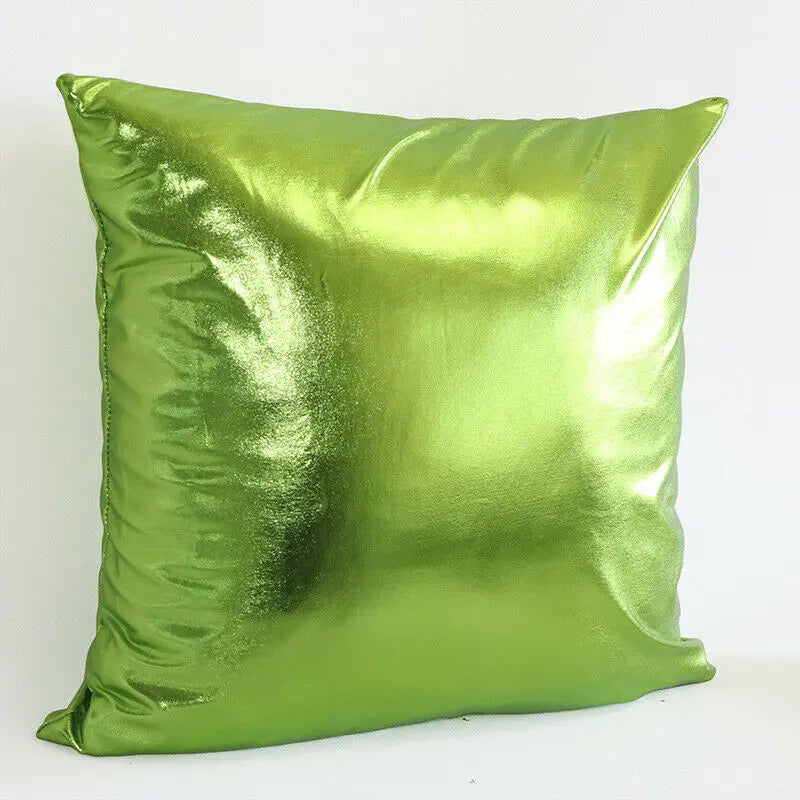 A square pillow cover in metallic lime green fabric with a shiny finish.