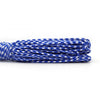 A coil of blue and white patterned paracord rope.