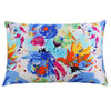 A colorful silk zipper pillowcase featuring an abstract floral print with blue, pink, and green watercolor splashes.