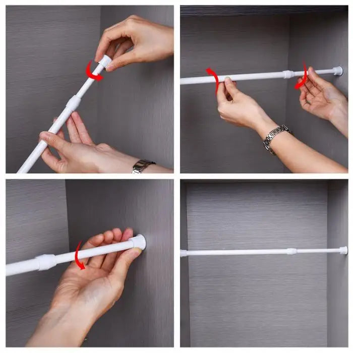 Hands adjusting an adjustable metal curtain rod for bathroom or wardrobe use.