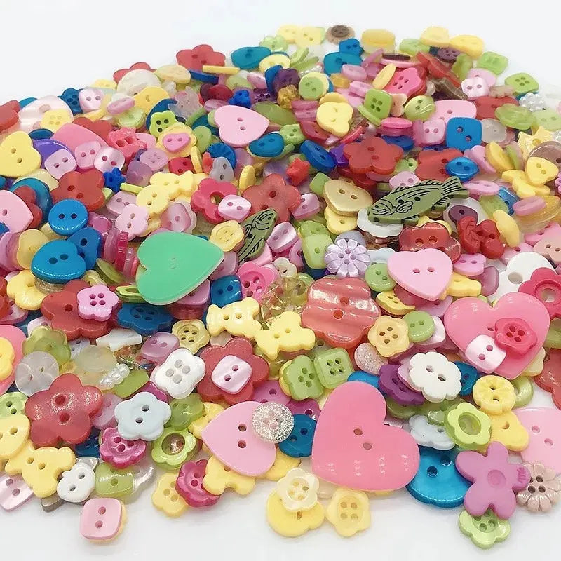 A pile of mixed size wooden buttons in various colors including pink, green, yellow, and blue.