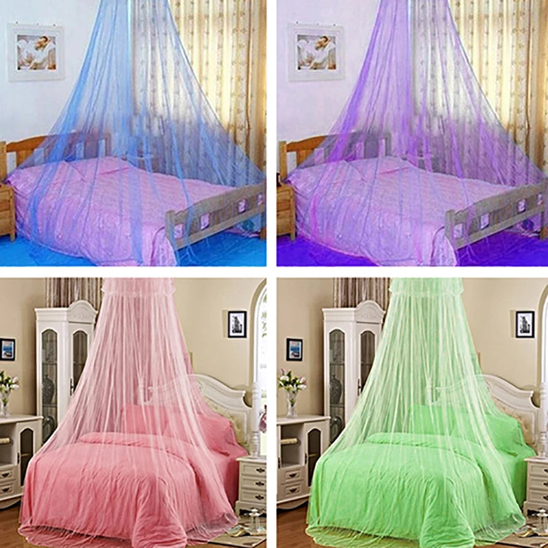 Three versions of an elegant mosquito net canopy in pink, purple, and green draped over a bed.