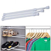 Silver adjustable metal curtain rods shown in a bathroom and wardrobe context.
