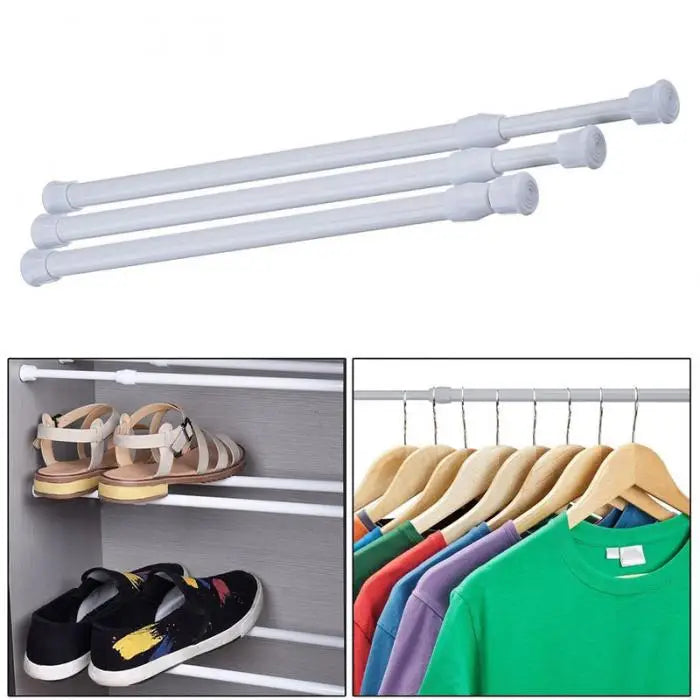 Silver adjustable metal curtain rods shown in a bathroom and wardrobe context.