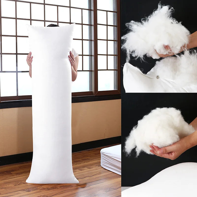 A white extra-long body pillow is shown standing upright next to a window, with close-ups demonstrating its fluffy texture.