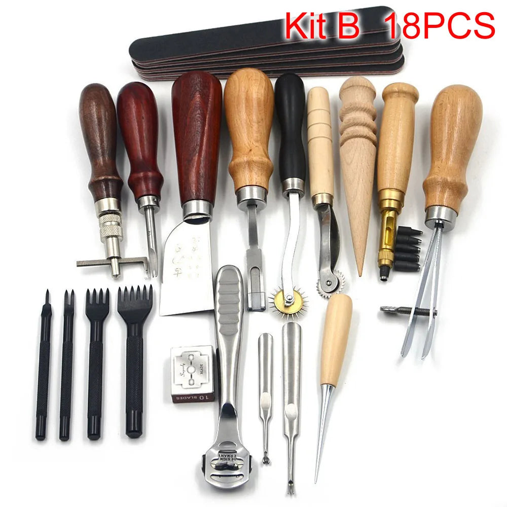 Kit B 18 pieces of professional leather crafting tools including various awls, needles, and punches