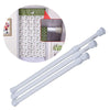 A set of white adjustable metal curtain rods shown with an inset image of them installed in a bathroom setting.