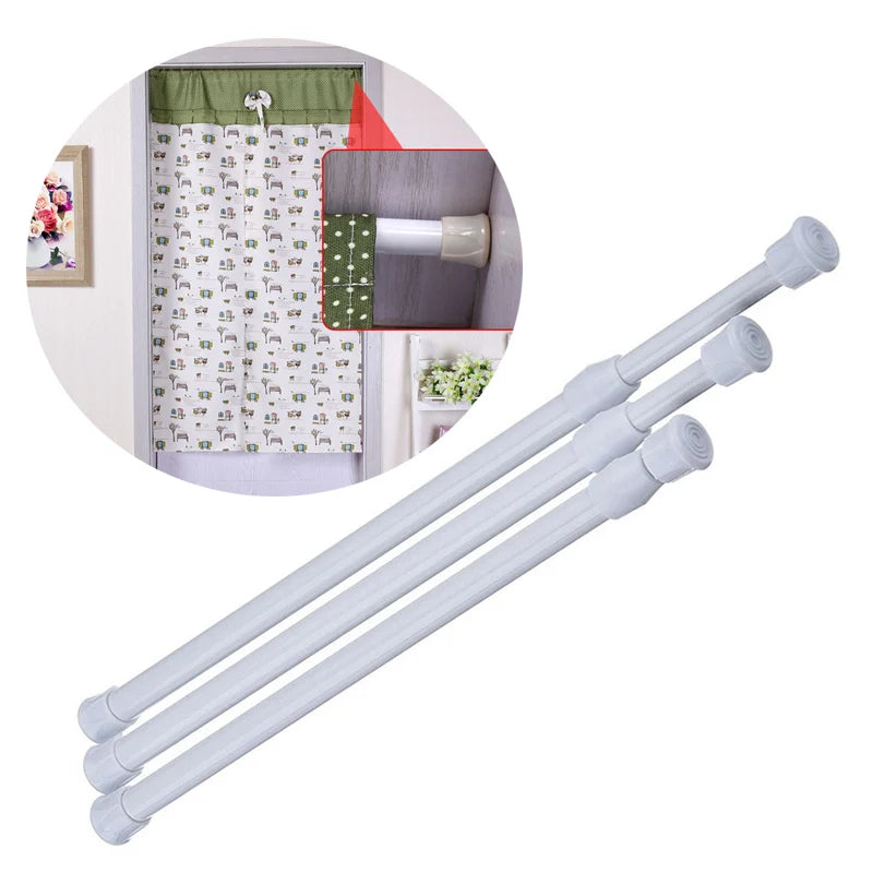 A set of white adjustable metal curtain rods shown with an inset image of them installed in a bathroom setting.
