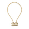 A beige magnetic pearl ball curtain tieback made of thin cord.