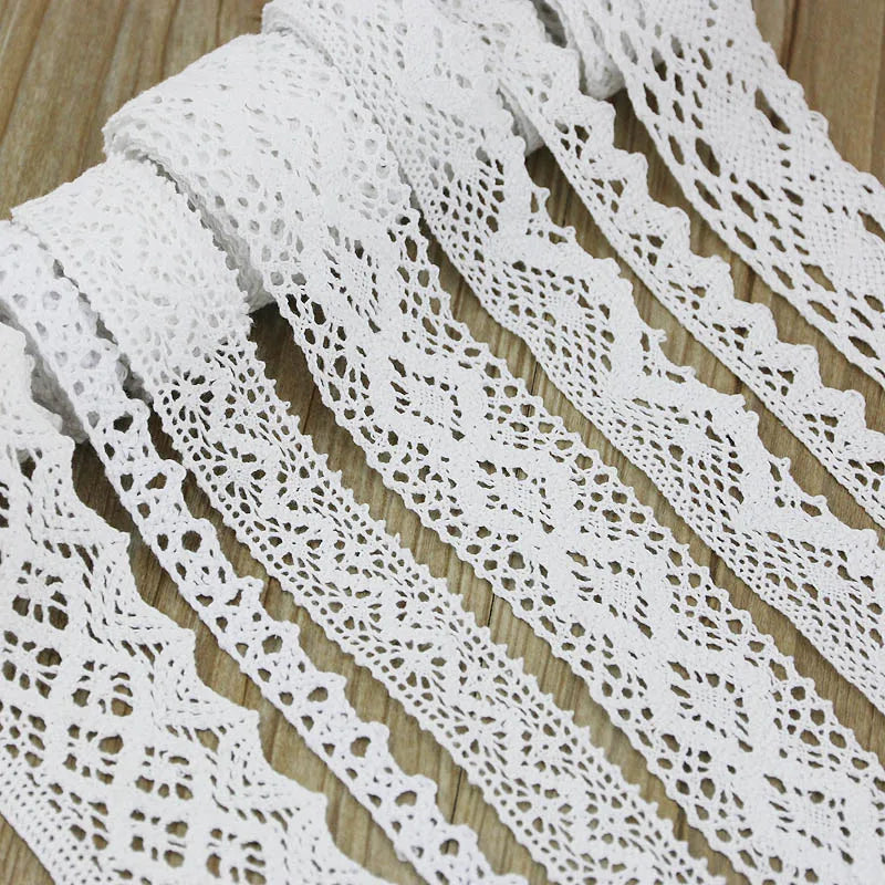 Roll of white cotton embroidered lace trim featuring intricate eyelet patterns