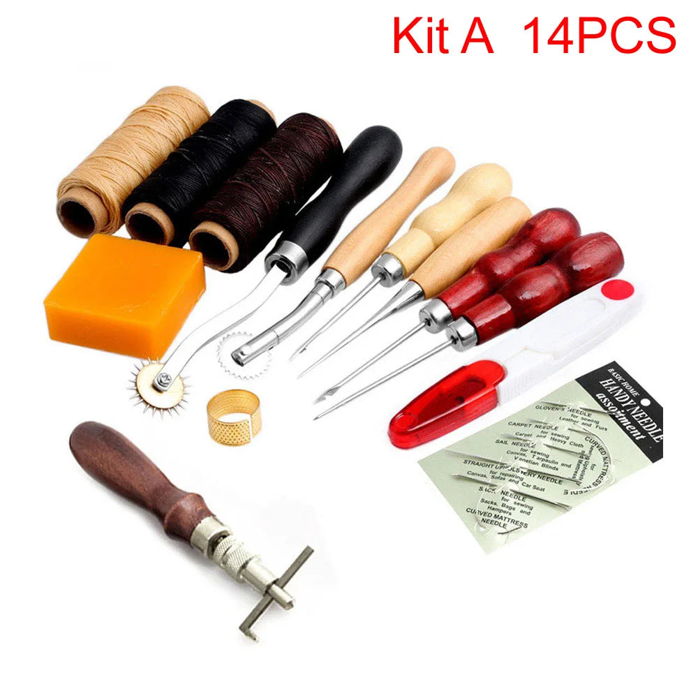 Kit A 14 pieces of leather tools including rollers and needles for professional leather crafting