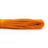 A coil of bright orange paracord rope is shown lying horizontally against a white background.