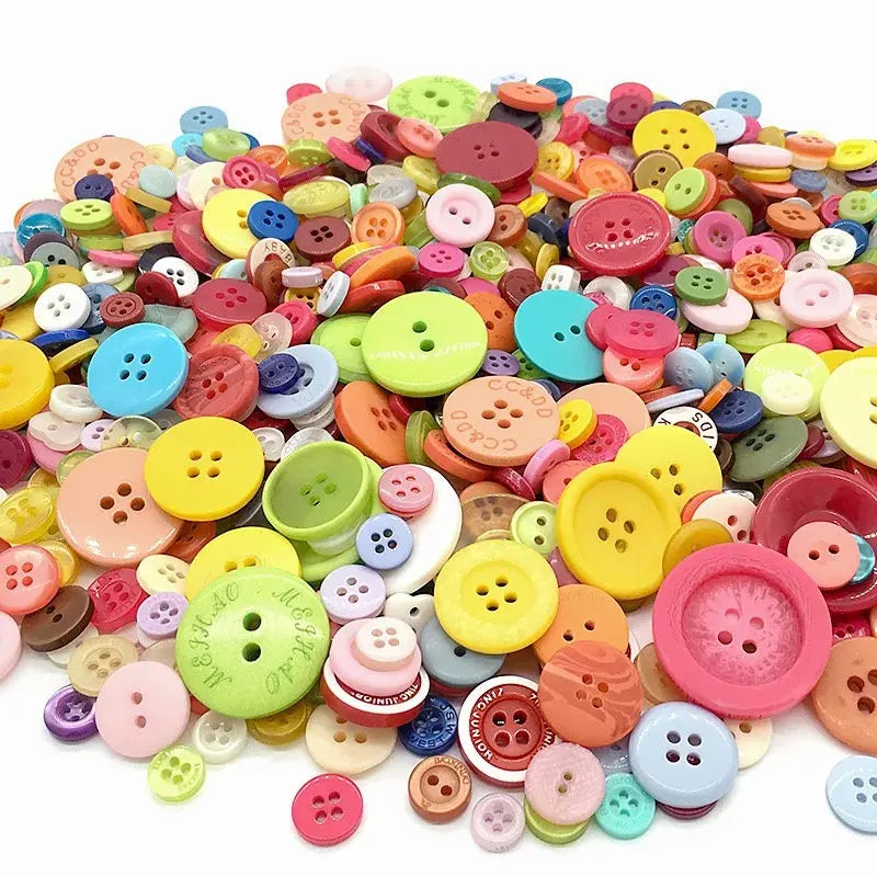 A colorful mix of small wooden buttons in various sizes and colors for scrapbooking