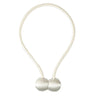 A delicate, cream-colored pearl ball curtain tieback made of fine cord.