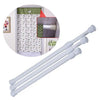 A set of white adjustable metal curtain rods shown with an inset image demonstrating installation in a bathroom or wardrobe.