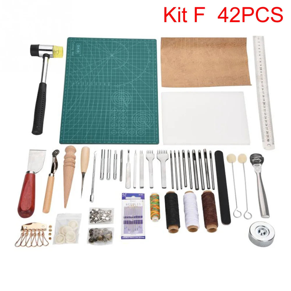 A kit of 42 pieces for professional leather crafting including tools, stamps, and various leatherworking implements.