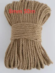 A bundle of natural hemp jute rope in a light tan color, measuring 8mm thick and 50 meters long.