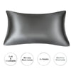 A smooth, dark gray mulberry silk satin pillowcase shown from the side with features like softness, wrinkle resistance, antis