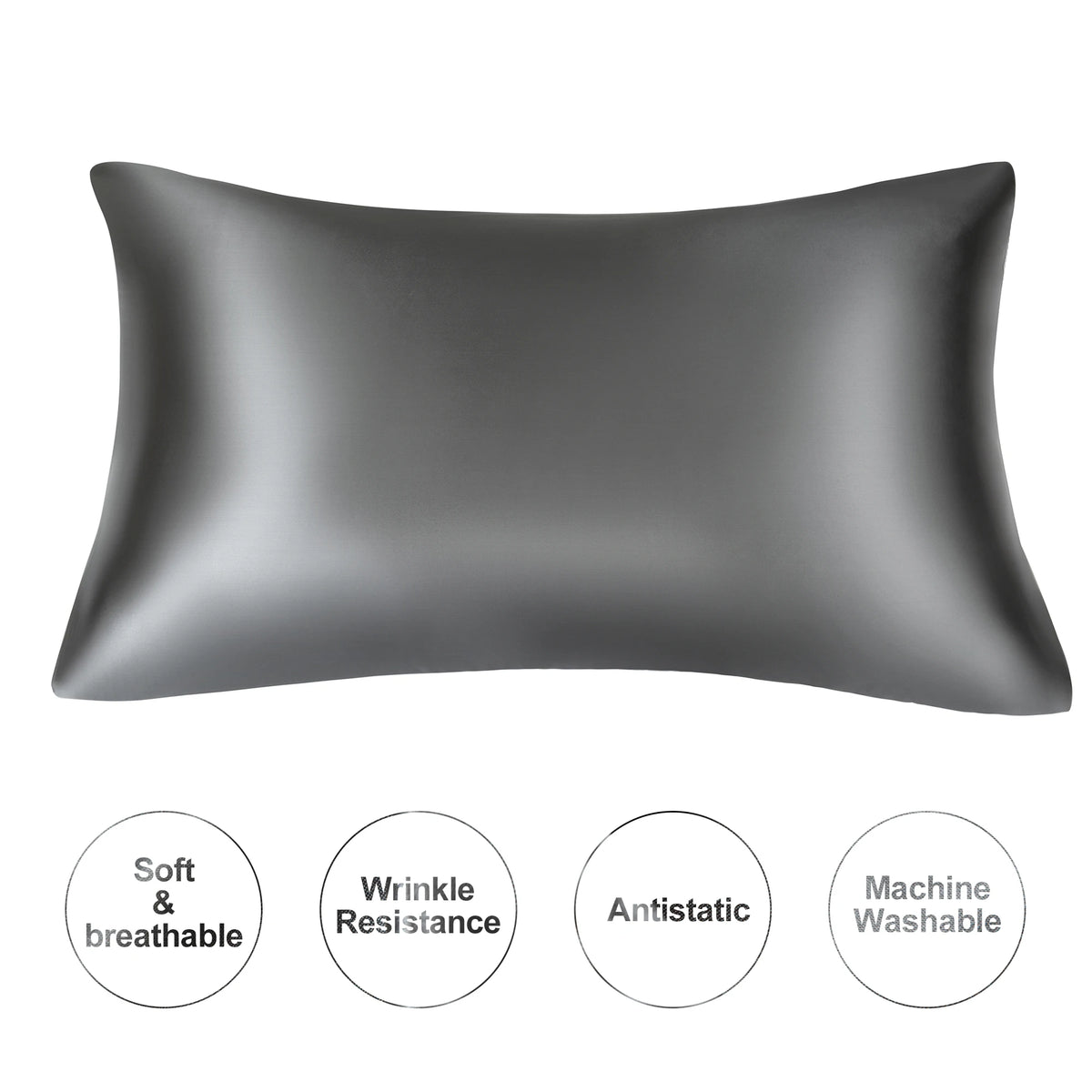 A smooth, dark gray satin pillowcase shown from the side with features like softness, wrinkle resistance, antistatic properti