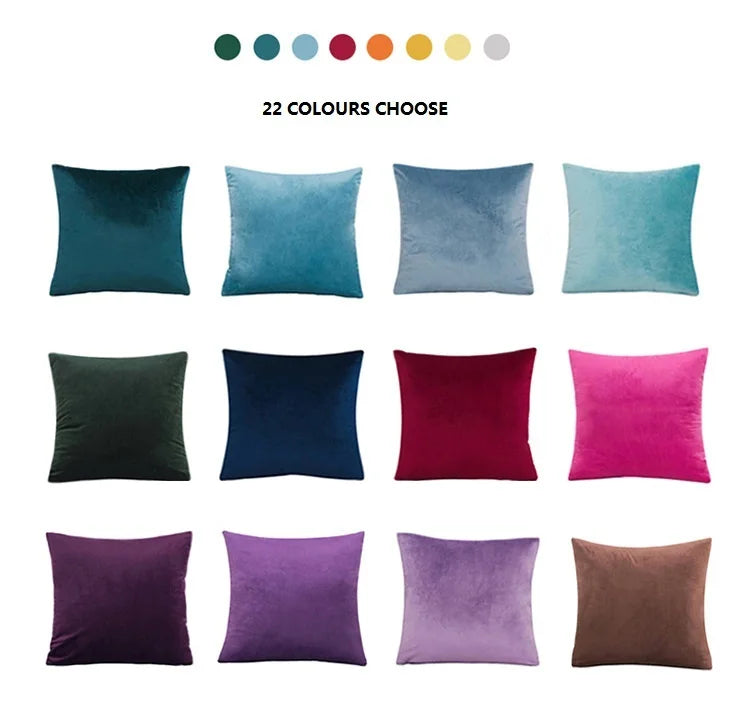 A grid display of 22 solid velvet decorative cushion covers in various shades of blue, green, purple, pink, and brown.