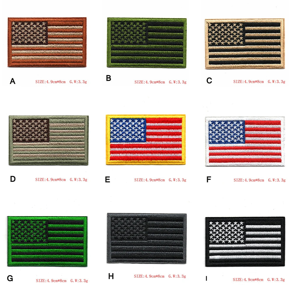 Nine variations of embroidered American flag patches in different colors and styles.