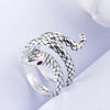 Silver animal finger rings featuring a coiled snake design with a red accent stone