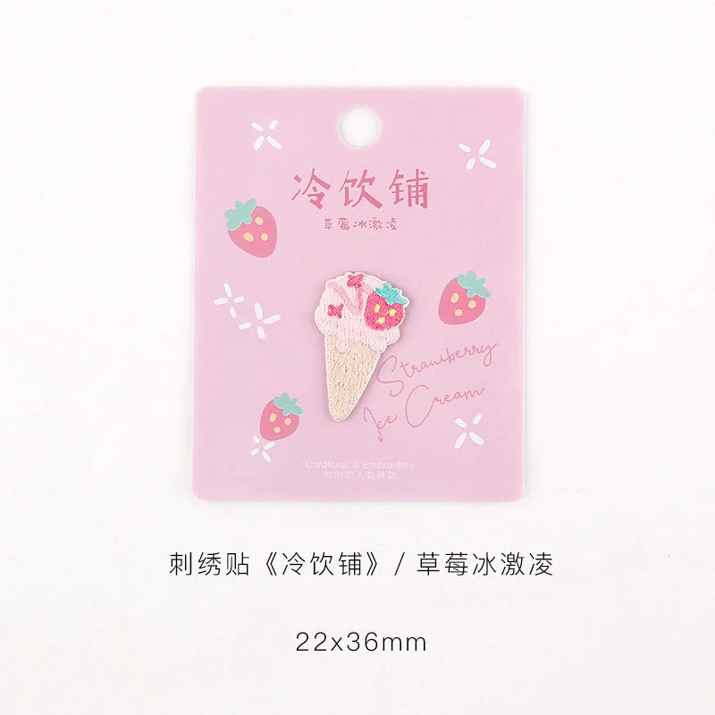 Pink iron-on embroidered patch featuring a strawberry ice cream design.