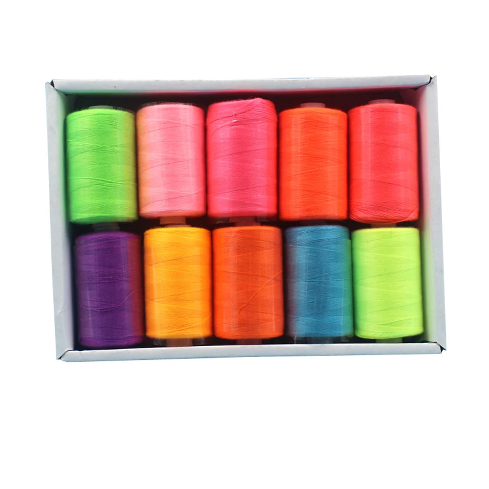 A box containing ten colorful polyester sewing thread spools in various shades of green, pink, orange, purple, and blue.