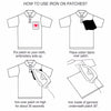 Instructions showing how to use an iron on patches by placing fabric over the patch and ironing for 30 seconds.