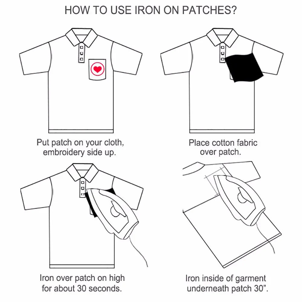 Instructions showing how to use an iron on patches by placing fabric over the patch and ironing for 30 seconds.