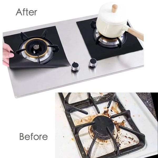 Before and after comparison of a premium gas stove protector set for a stovetop.