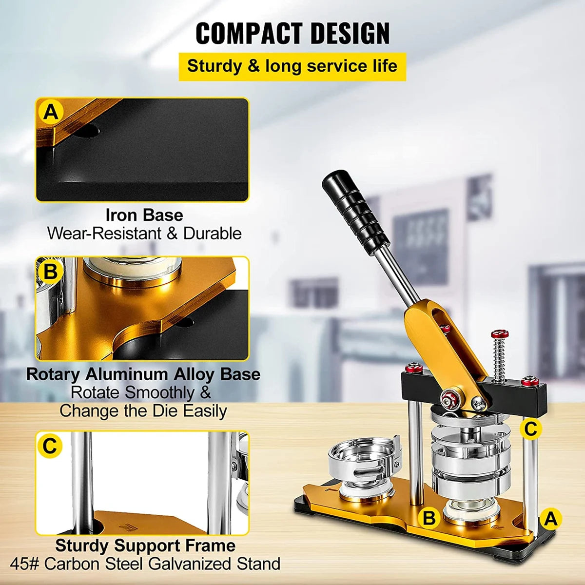 A set of tools for button making including an iron base, rotary aluminum alloy base, and a sturdy support frame.