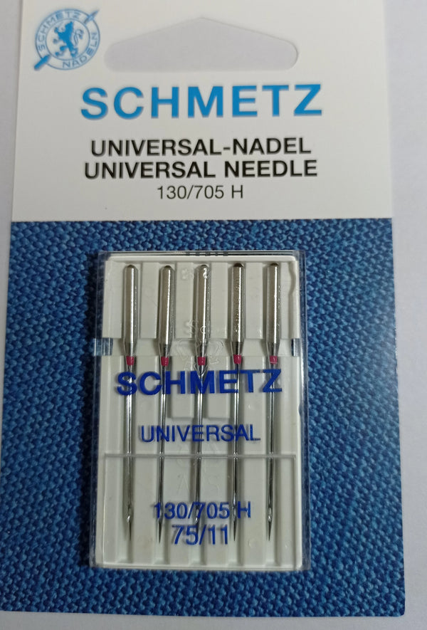 A package of Schmidt universal sewing machine needles labeled 130/705 H and 75/11.
