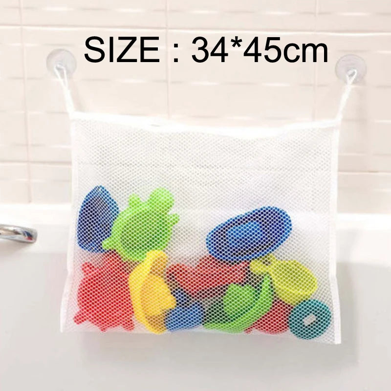 White mesh bag filled with colorful duck frog bath toys for kids
