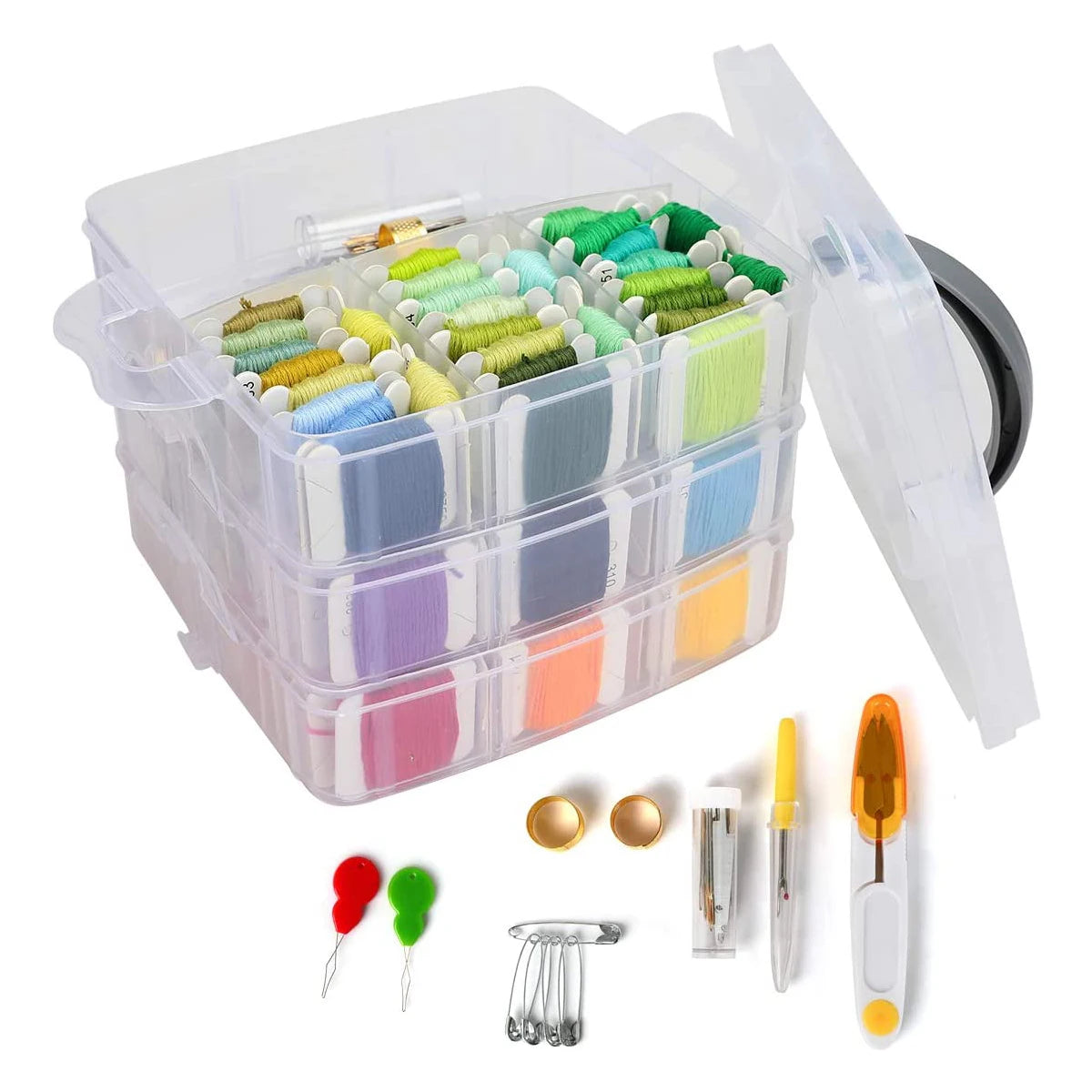 A professional embroidery floss kit with thread and storage box, including various colored threads and tools.