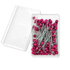 A clear plastic container holds a pack of 100 colorful pink and red pearl head sewing pins.
